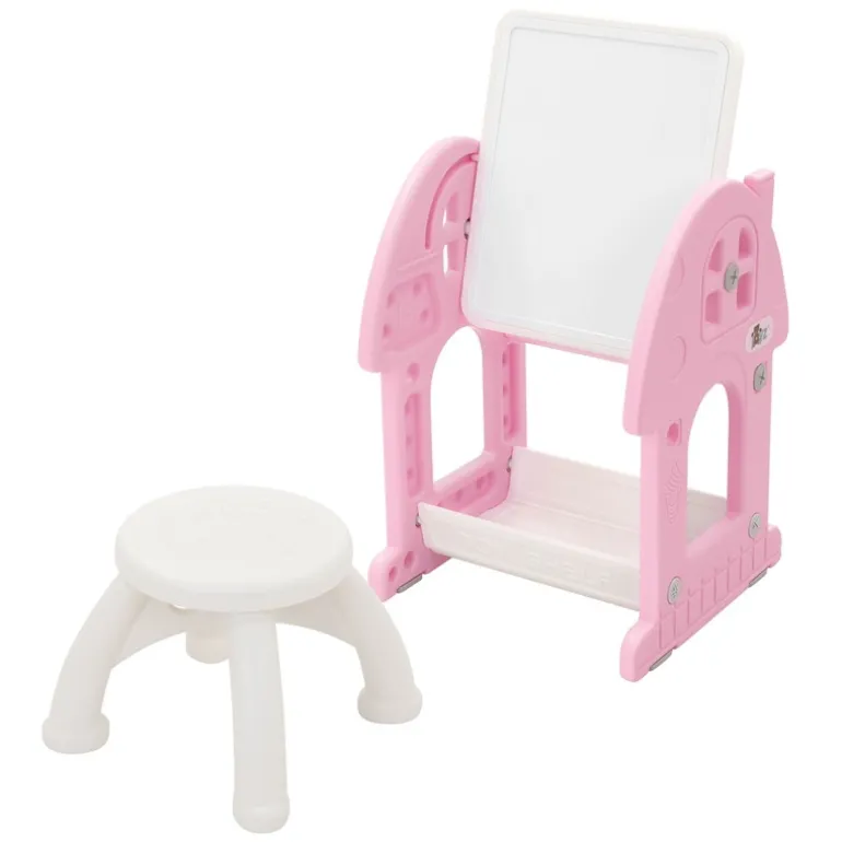 Kindersitzgruppe 2 in 1 Spieltisch mit Tafel und Stuhl Set, HDPE, Weiß-Rosa, Kindertisch und Hocker Joyz