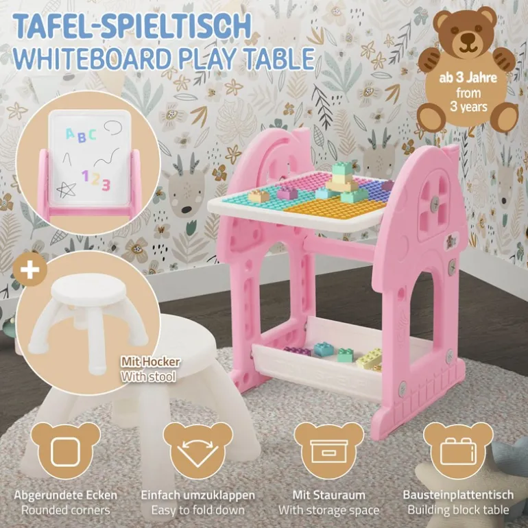 Kindersitzgruppe 2 in 1 Spieltisch mit Tafel und Stuhl Set, HDPE, Weiß-Rosa, Kindertisch und Hocker Joyz