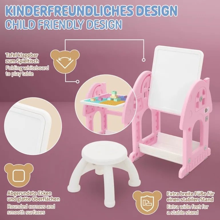 Kindersitzgruppe 2 in 1 Spieltisch mit Tafel und Stuhl Set, HDPE, Weiß-Rosa, Kindertisch und Hocker Joyz