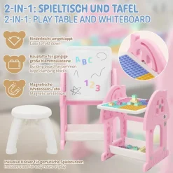 Kindersitzgruppe 2 in 1 Spieltisch mit Tafel und Stuhl Set, HDPE, Weiß-Rosa, Kindertisch und Hocker Joyz