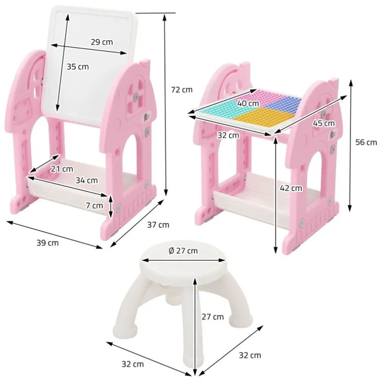Kindersitzgruppe 2 in 1 Spieltisch mit Tafel und Stuhl Set, HDPE, Weiß-Rosa, Kindertisch und Hocker Joyz