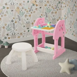 Kindersitzgruppe 2 in 1 Spieltisch mit Tafel und Stuhl Set, HDPE, Weiß-Rosa, Kindertisch und Hocker Joyz