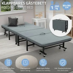 Klappbares Gästebett 80x190 cm mit Matratze rollbar für Kinder & Erwachsene bis 200kg belastbar
