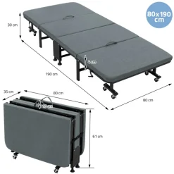Klappbares Gästebett 80x190 cm mit Matratze rollbar für Kinder & Erwachsene bis 200kg belastbar