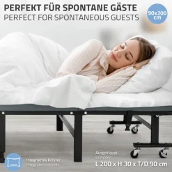 Klappbares Gästebett 90x200 cm mit Matratze, rollbar, für Kinder & Erwachsene bis 200kg belastbar