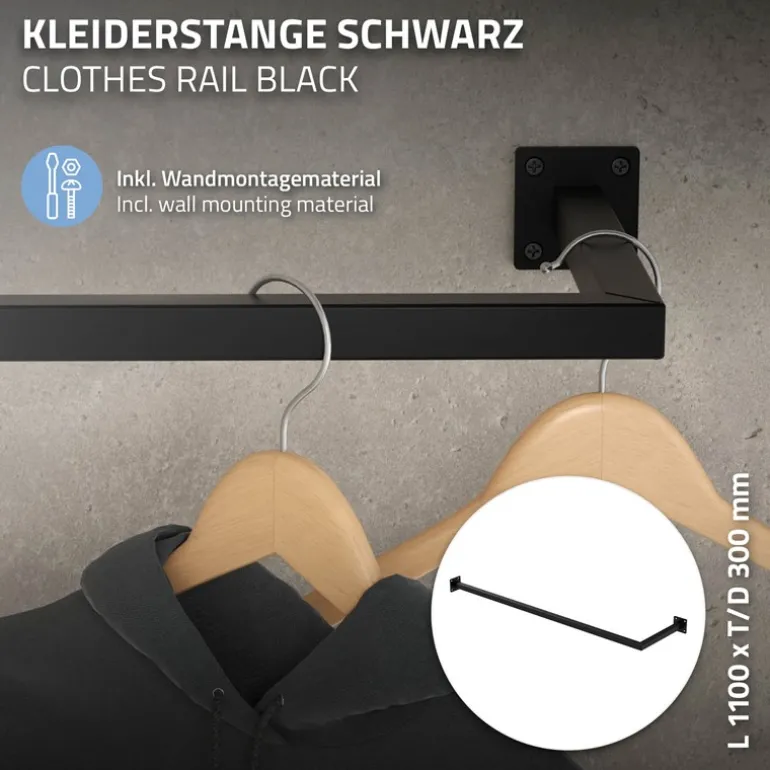 Kleiderstange Garderobe Wandmontage 30 x 110 cm Schwarz aus Stahl ML-Design