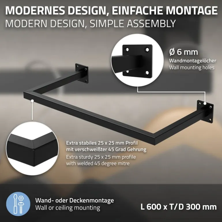 Kleiderstange Garderobe Wandmontage 30 x 60 cm Schwarz aus Stahl ML-Design
