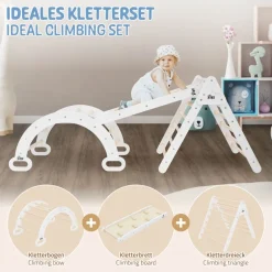 Kletterdreieck 3 in 1 Set 188x52x60 cm Natur aus Holz inkl. Rutsche & Kletterbogen Joyz