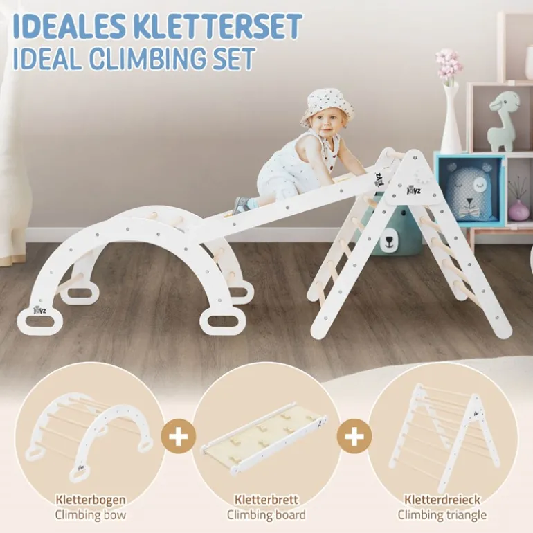 Kletterdreieck 3 in 1 Set 188x52x60 cm Natur aus Holz inkl. Rutsche & Kletterbogen Joyz