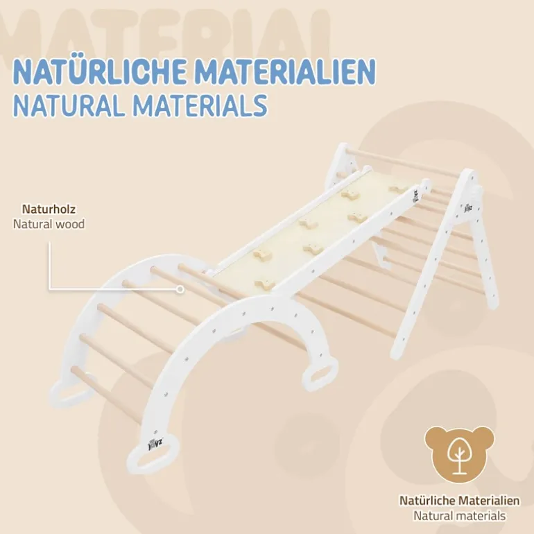 Kletterdreieck 3 in 1 Set 188x52x60 cm Natur aus Holz inkl. Rutsche & Kletterbogen Joyz