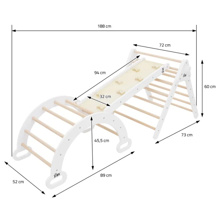 Kletterdreieck 3 in 1 Set 188x52x60 cm Natur aus Holz inkl. Rutsche & Kletterbogen Joyz