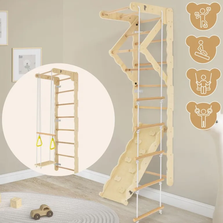 Klettergerüst Indoor Sprossenwand für Kinder aus Holz mit Turnringen, Strickleiter, Rutschbrett 6 in 1 ab 3 Jahren