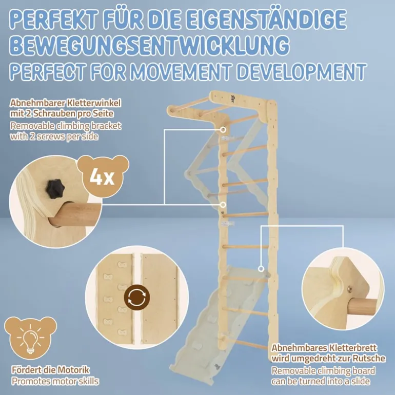Klettergerüst Indoor Sprossenwand für Kinder aus Holz mit Turnringen, Strickleiter, Rutschbrett 6 in 1 ab 3 Jahren