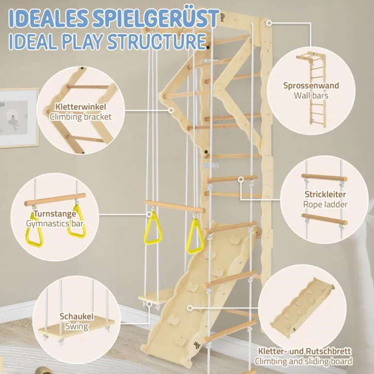 Klettergerüst Indoor Sprossenwand für Kinder aus Holz mit Turnringen, Strickleiter, Rutschbrett 6 in 1 ab 3 Jahren