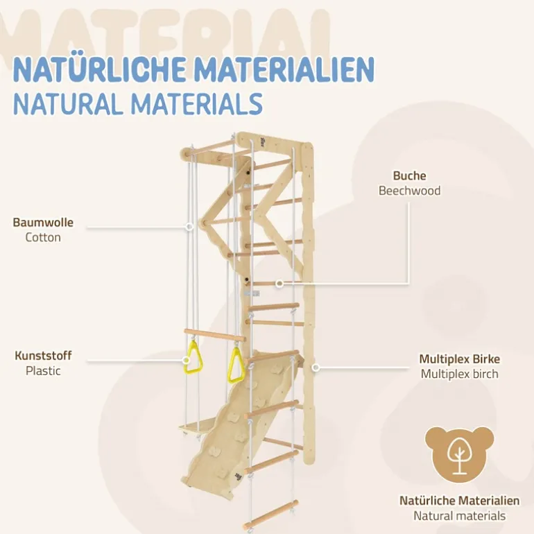 Klettergerüst Indoor Sprossenwand für Kinder aus Holz mit Turnringen, Strickleiter, Rutschbrett 6 in 1 ab 3 Jahren