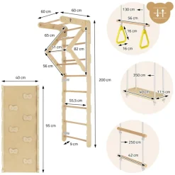 Klettergerüst Indoor Sprossenwand für Kinder aus Holz mit Turnringen, Strickleiter, Rutschbrett 6 in 1 ab 3 Jahren