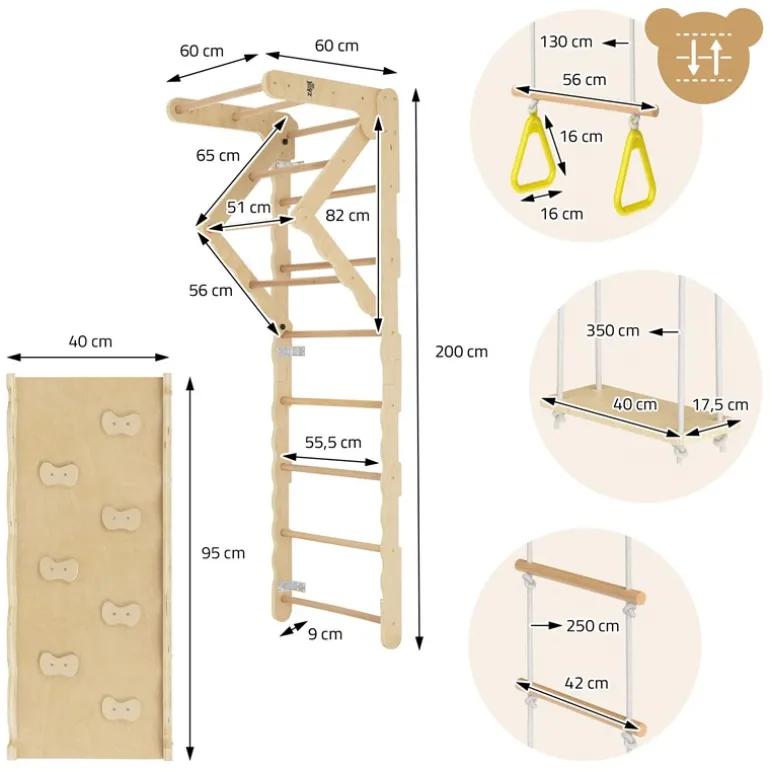 Klettergerüst Indoor Sprossenwand für Kinder aus Holz mit Turnringen, Strickleiter, Rutschbrett 6 in 1 ab 3 Jahren