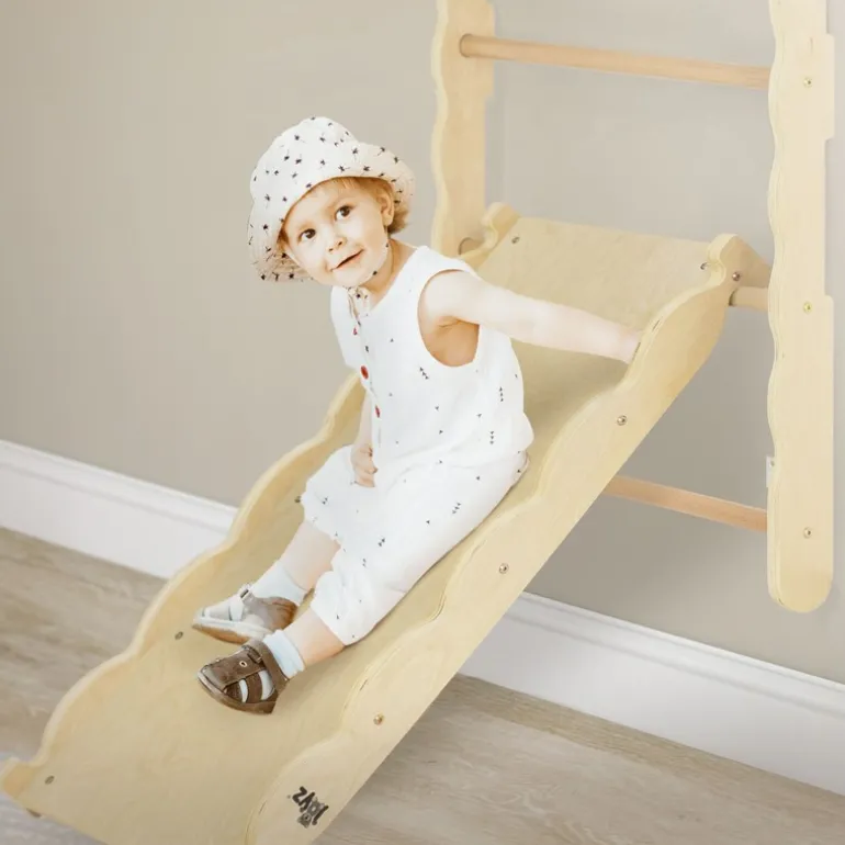 Klettergerüst Indoor Sprossenwand für Kinder aus Holz mit Turnringen, Strickleiter, Rutschbrett 6 in 1 ab 3 Jahren