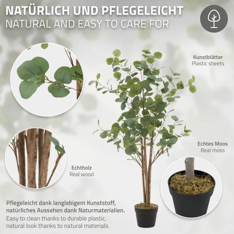 Künstlicher Eukalyptusbaum 120 cm Kunstpflanze mit Naturholzstamm ML-Design