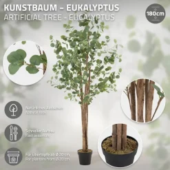 Künstlicher Eukalyptusbaum 180 cm Kunstpflanze mit Naturholzstamm ML-Design