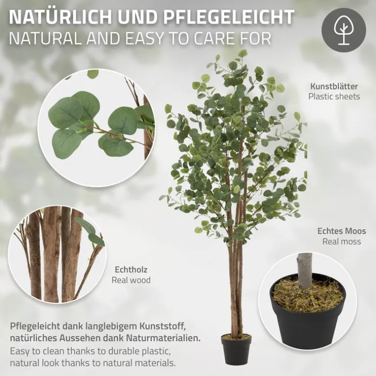 Künstlicher Eukalyptusbaum 180 cm Kunstpflanze mit Naturholzstamm ML-Design