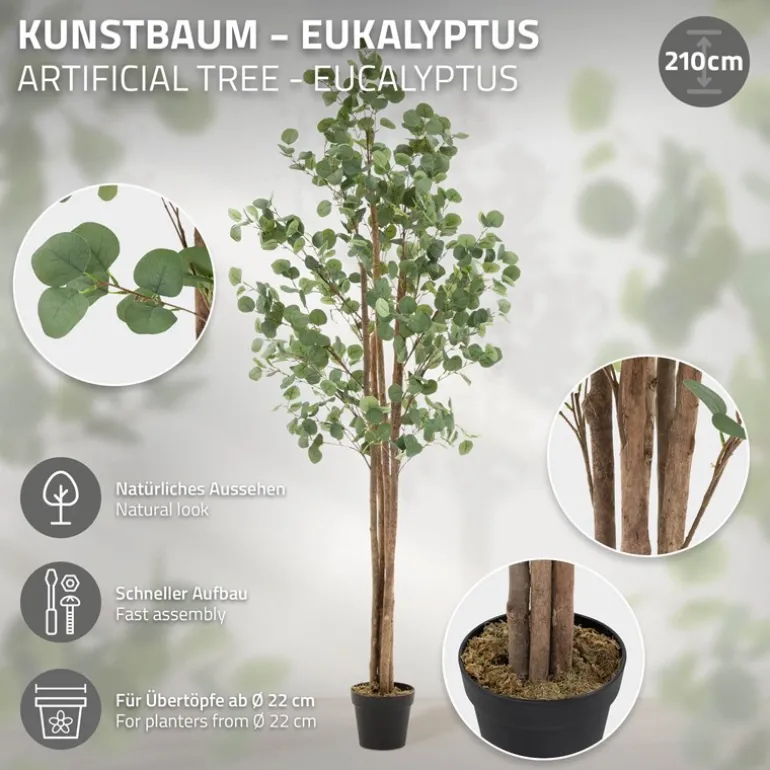 Künstlicher Eukalyptusbaum 210 cm Kunstpflanze mit Naturholzstamm ML-Design