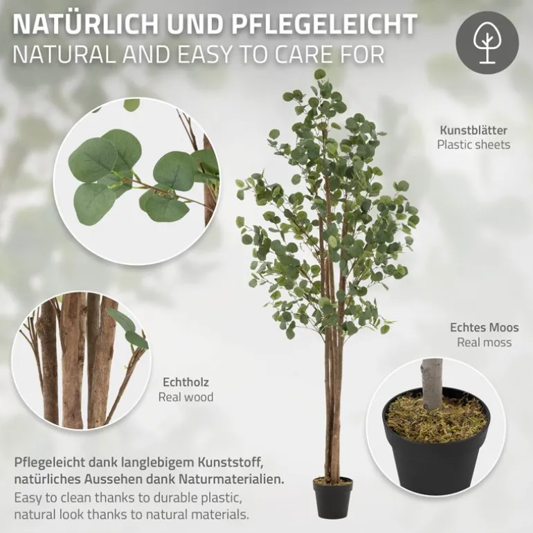 Künstlicher Eukalyptusbaum 210 cm Kunstpflanze mit Naturholzstamm ML-Design