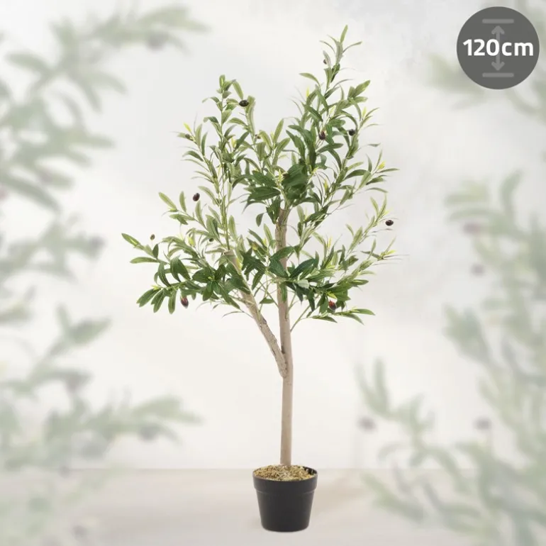 Künstlicher Olivenbaum 120 cm Kunstpflanze mit Naturholzstamm und Früchten ML-Design