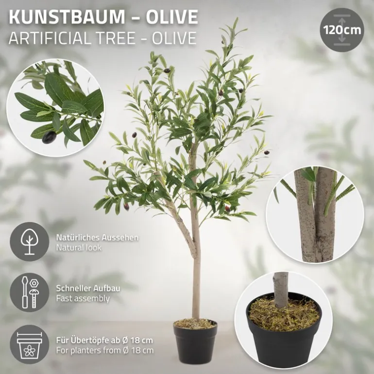 Künstlicher Olivenbaum 120 cm Kunstpflanze mit Naturholzstamm und Früchten ML-Design