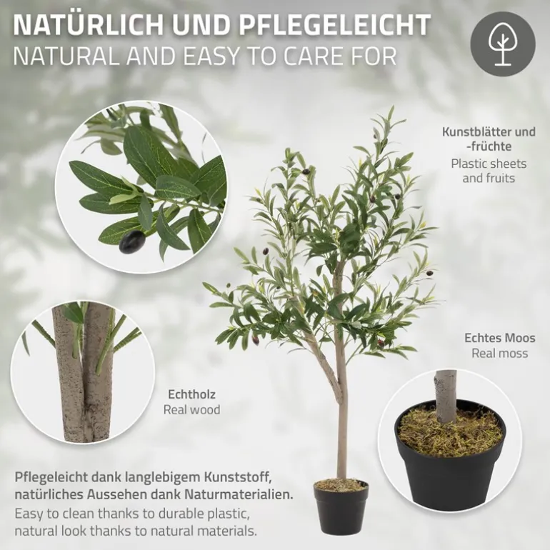 Künstlicher Olivenbaum 120 cm Kunstpflanze mit Naturholzstamm und Früchten ML-Design