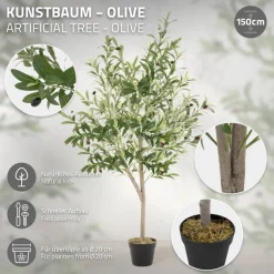 Künstlicher Olivenbaum 150 cm Kunstpflanze mit Naturholzstamm und Früchten ML-Design