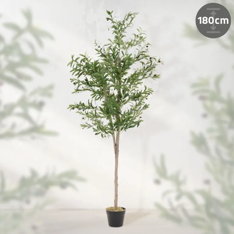 Künstlicher Olivenbaum 180 cm Kunstpflanze mit Naturholzstamm und Früchten ML-Design