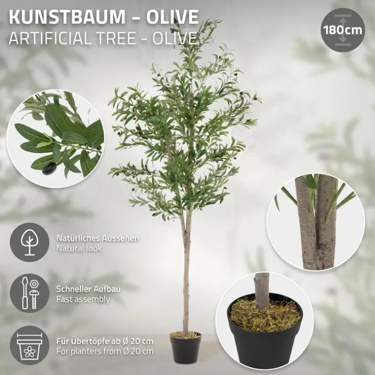 Künstlicher Olivenbaum 180 cm Kunstpflanze mit Naturholzstamm und Früchten ML-Design