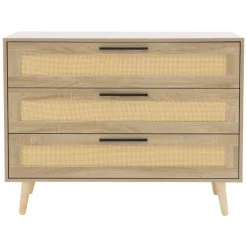 Kommode Sideboard mit 3 Schubladen 100x77x40 cm Eiche-Optik mit Rattanfront und Massivholzfüßen ML-Design