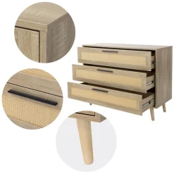 Kommode Sideboard mit 3 Schubladen 100x77x40 cm Eiche-Optik mit Rattanfront und Massivholzfüßen ML-Design