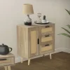 Kommode Sideboard mit Softclose Tür & 3 Schubladen 74x76x30 cm Eiche-Optik mit Rattanfront ML-Design