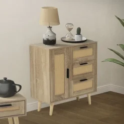 Kommode Sideboard mit Softclose Tür & 3 Schubladen 74x76x30 cm Eiche-Optik mit Rattanfront ML-Design