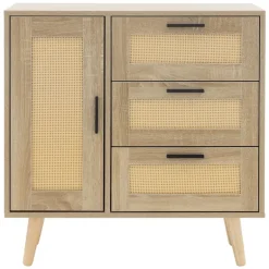 Kommode Sideboard mit Softclose Tür & 3 Schubladen 74x76x30 cm Eiche-Optik mit Rattanfront ML-Design
