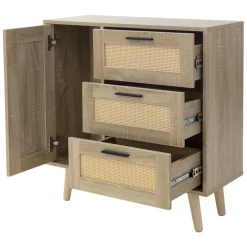 Kommode Sideboard mit Softclose Tür & 3 Schubladen 74x76x30 cm Eiche-Optik mit Rattanfront ML-Design