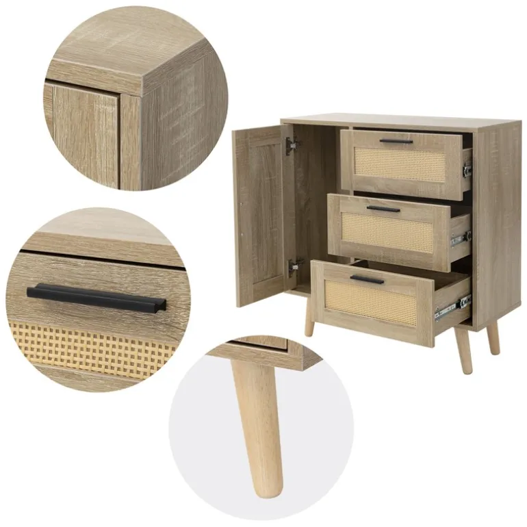 Kommode Sideboard mit Softclose Tür & 3 Schubladen 74x76x30 cm Eiche-Optik mit Rattanfront ML-Design