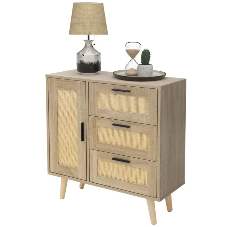 Kommode Sideboard mit Softclose Tür & 3 Schubladen 74x76x30 cm Eiche-Optik mit Rattanfront ML-Design