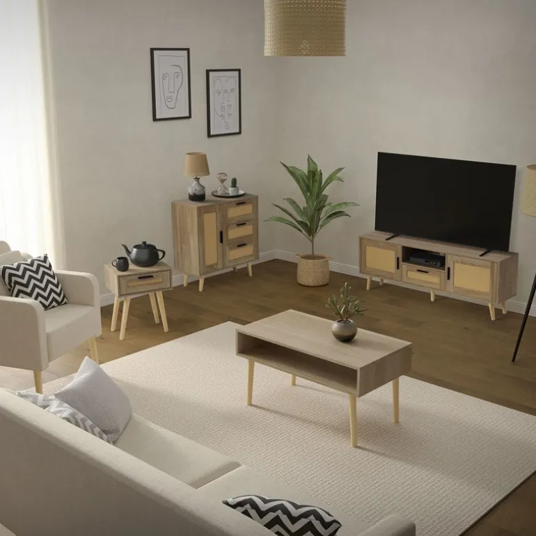 Kommode Sideboard mit Softclose Tür & 3 Schubladen 74x76x30 cm Eiche-Optik mit Rattanfront ML-Design