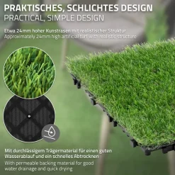 Kunstrasen Fliesen 30x30 cm, 11 Stück=1m², Grasoptik Bodenbelag mit Klicksystem und Drainage ML-Design