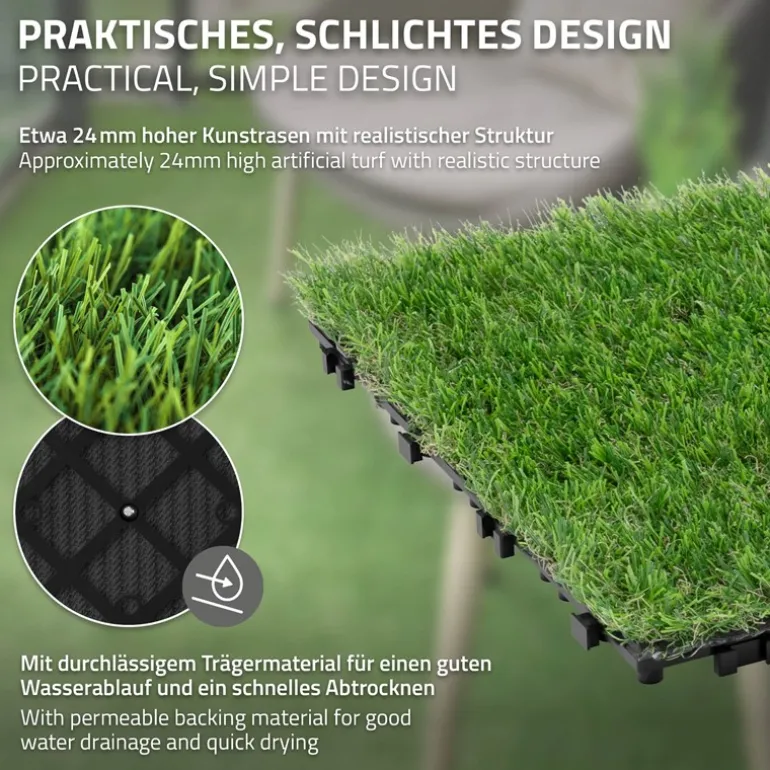 Kunstrasen Fliesen 30x30 cm, 11 Stück=1m², Grasoptik Bodenbelag mit Klicksystem und Drainage ML-Design