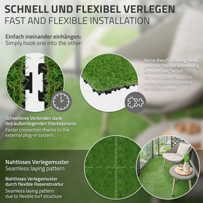 Kunstrasen Fliesen 30x30 cm, 11 Stück=1m², Grasoptik Bodenbelag mit Klicksystem und Drainage ML-Design