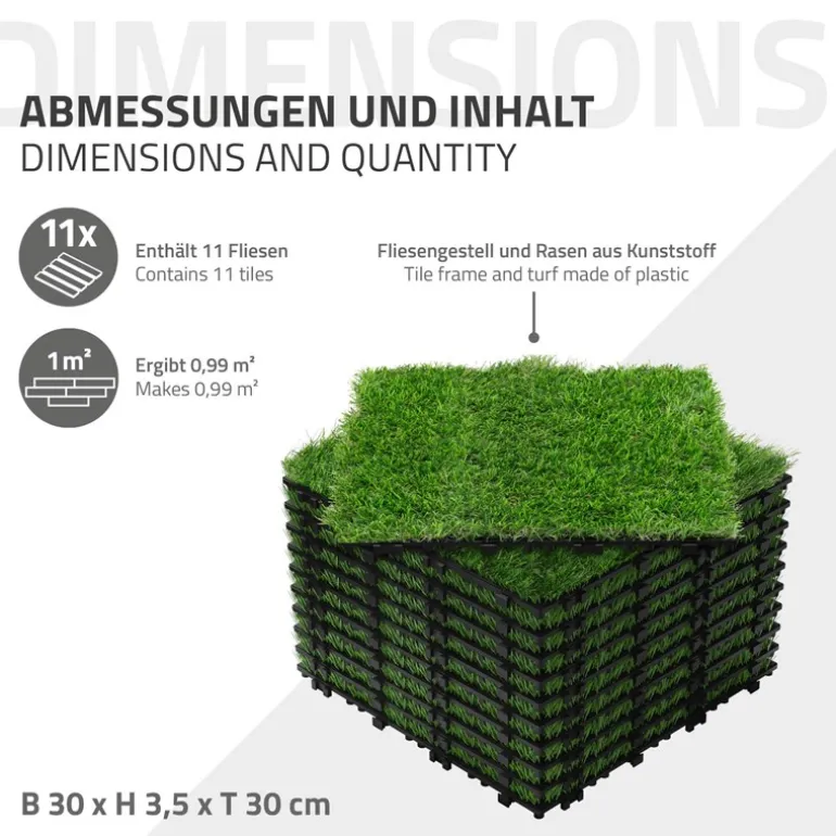 Kunstrasen Fliesen 30x30 cm, 11 Stück=1m², Grasoptik Bodenbelag mit Klicksystem und Drainage ML-Design