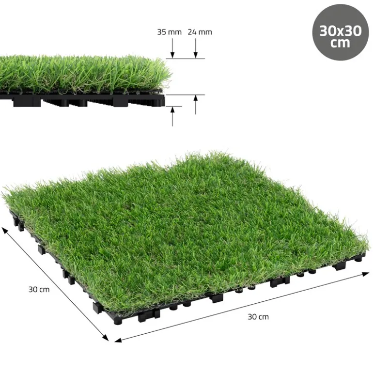 Kunstrasen Fliesen 30x30 cm, 11 Stück=1m², Grasoptik Bodenbelag mit Klicksystem und Drainage ML-Design