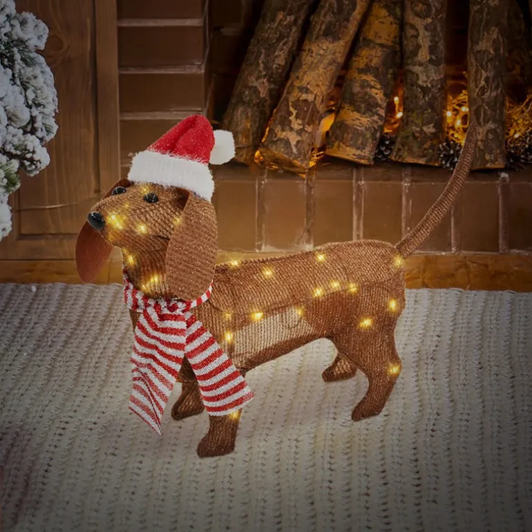 LED Dackel mit Mütze und Schal, 60x43 cm, batteriebetrieben, LED Weihnachtsdekoration, IP44 für Innen und Außen
