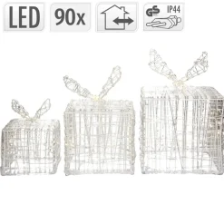 LED Geschenkboxen 3er Set mit 90 LEDs Warmweiß Metallgestell IP44 mit Netzstecker