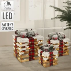 LED Geschenkbox Weihnachtsdeko 3er Set Braun aus Holz batteriebetrieben mit Timer
